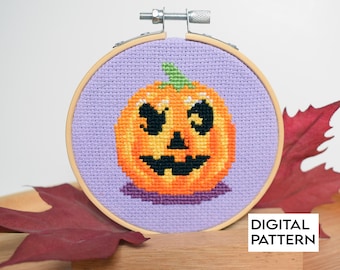 Halloween Pumpkin Cross Stitch Pattern, spooky Jack O Lantern Embroidery design, Halloween Needlepoint Pattern for Instant Download