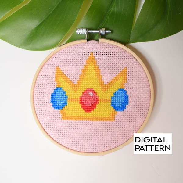 Modèle de point de croix princesse Peach, motif de point Super Mario, motif numérique de broderie de couronne de pêche rose