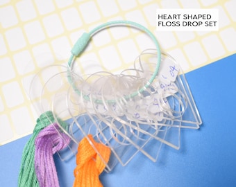 Heart Floss Drops: Acrylic DMC Thread Organizing set of 10 + Blank Label Sticker Sheet