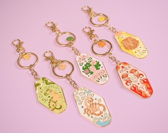 Zodiac Enamel Keychain Charms, Vintage Motel Style, Gold Tone Bag Charms