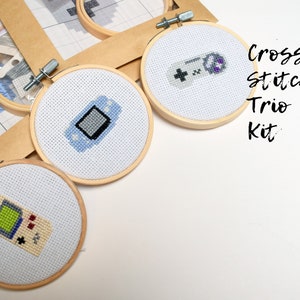 Mini Cross Stitch kits (3pack), 3inch Retro Hobby Craft Kits, Beginner Friendly DIY Kits, Game boy original, Game boy advance, SNES)