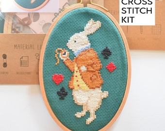 Alice Wonderland White Rabbit Cross Stitch Kit – 6"x4" Oval hoop included
