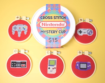 Beginner Friendly Retro Cross Stitch Mystery cup - Blind Box DIY Kit - Game boy original, Game boy advanced, NES, SNES, N64