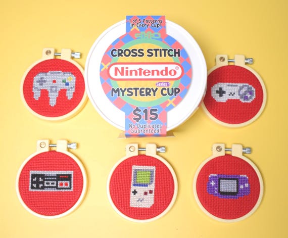 Beginner Friendly Retro Cross Stitch Mystery cup - Blind Box DIY Kit - Game boy original, Game boy advanced, NES, SNES, N64