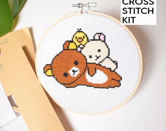 Rilakkuma Beginner Cross Stitch Kit, Beginner Friendly Rilakukuma craft needlepoint Kit, Anime Gifts