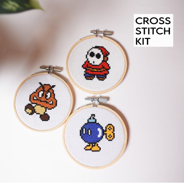 Super Mario Cross Stitch Kits(3Pack), Mini Cross Stitch Kit Set. 3inch Mario Enemies Embroidery Set, Mario Gifts, Shy guy, Goomba, Bob-omb,