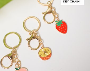 Gold Fruit Keychain Ring, Peach Enamel Keychain Charm, Strawberry Keychain, Orange Keychain, Cute Pink Peach charms, Key chain supply