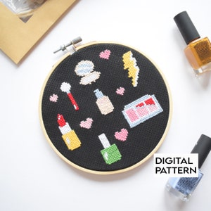 Schoonheid make-up kruissteekpatroon-6 inch hoepel nodig digitale download, nagellakpatroon