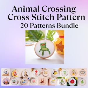 Puede incluir: Un paquete de 20 patrones de punto de cruz de Animal Crossing. La imagen muestra una variedad de patrones de punto de cruz terminados en aros de madera, con personajes y objetos del popular videojuego.