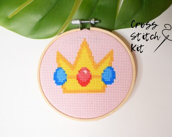 Princess Peach Crown Cross Stitch Kit, Super Mario Character Item Embroidery Kit, Beginner DIY Kit
