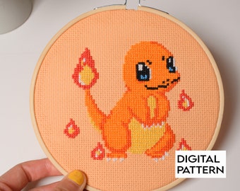 Patrón digital de punto de cruz de Charmander - Patrón de 6 pulgadas