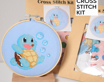 Pokemon Squirtle Cross Stitch DIY Kit, Beginner Friendly Starter Pokemon Cross Stitch Kit, Pokemon DIY Gifts.