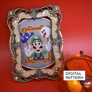 Luigi Cross Stitch Pattern, Luigi&#39;s Mansion Counted Cross Stitch digital pattern, Luigi with ghosts and Boo, Halloween Cross Stitch Pattern