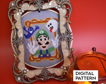 Luigi Cross Stitch Pattern, Luigi's Mansion Counted Cross Stitch digital pattern, Luigi with ghosts and Boo, Halloween Cross Stitch Pattern