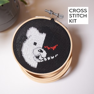 Beginner friendly Monokuma Cross Stitch Kit, DIY Danganronpa Embroidery Kit, Japanese Anime Gift