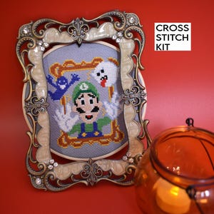 Luigi Cross Stitch Kit, Luigi&#39;s Mansion craft hobby kit, Luigi with Ghosts and Boo, Beginner Friendly Halloween spooky cross stitch kit