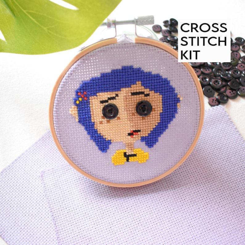 Horror Movie Coraline Cross Stitch Kit, Button Eye Embroidery Kit, Children's Movie DIY Craft Kit, Beginner Friendly Needlepoint Sewing Kit