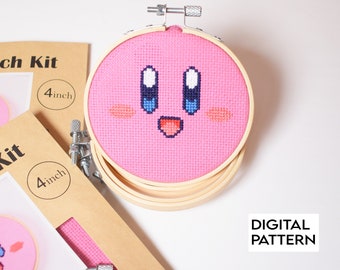 Kirby Cross Stitch Pattern, kawaii, cute Kirby Embroidery Design, Pink Cute Kirby Face Digital Pattern for Instant Download