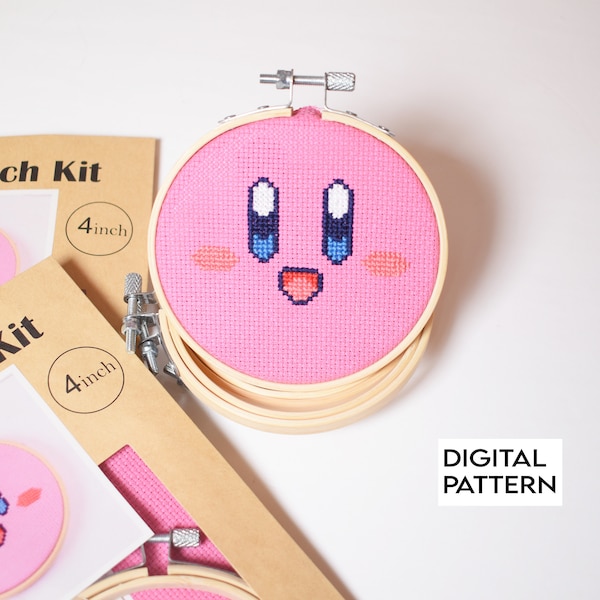 Kirby Cross Stitch Pattern, kawaii, cute Kirby Embroidery Design, Pink Cute Kirby Face Digital Pattern for Instant Download