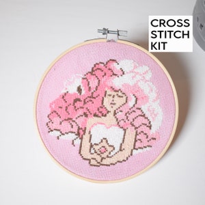 Rose Quartz Counted Cross Stitch Kit, Steven Universe Embroidery Kit, Anime Cross Stitch, Hand dyed pink Fabric,