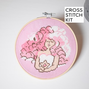 Rose Quartz Counted Cross Stitch Kit, Steven Universe Embroidery Kit, Beginner Friendly DIY Anime Cross Stitch, Hand dyed pink Fabric,