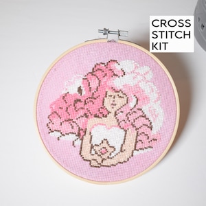 Rose Quartz Counted Cross Stitch Kit, Steven Universe Embroidery Kit, Anime Cross Stitch, Hand dyed pink Fabric,