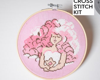 Rose Quartz Counted Cross Stitch Kit, Steven Universe Embroidery Kit, Anime Cross Stitch, Hand dyed pink Fabric,