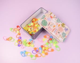 Locking Stitch Markers for Knitting, Crochet markers in a Storage Tin Box