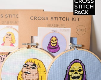 Nerdy Counted Cross Stitch Kits, Skeletor and He-Man Embroidery kits pack, Retro Comic Pattern, Superhero Masters of the Universe Gifts