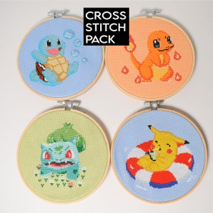 Pokémon Cross Stitch Craft Kit 4 Kanto starter Pokémon, Pikachu, Bulbasaur, Charmander, Squirtle Kit Bundle, DIY Pokémon gift set, image 1