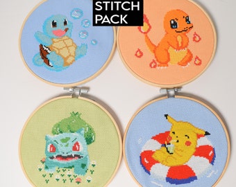 Pokémon Cross Stitch Craft Kit - 4 Kanto starter Pokémon, Pikachu, Bulbasaur, Charmander, Squirtle Kit Bundle, DIY Pokémon gift set,