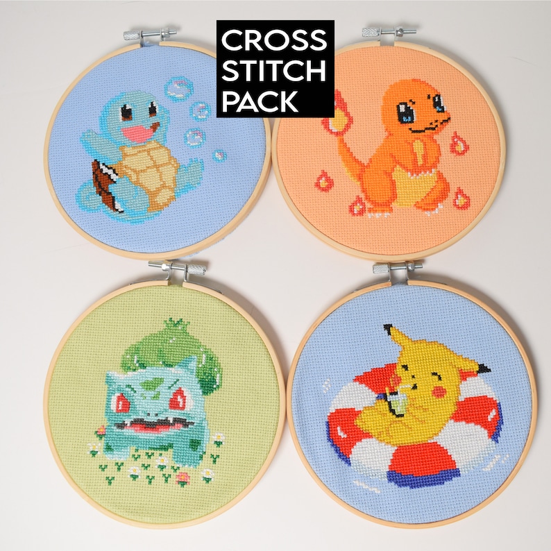 Pokémon Cross Stitch Craft Kit 4 Kanto starter Pokémon, Pikachu, Bulbasaur, Charmander, Squirtle Kit Bundle, DIY Pokémon gift set, image 1