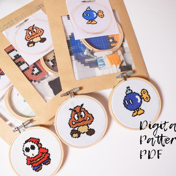 Super Mario Enemies Mini Cross Stitch Digital Patterns (shy guy, bob-omb, Goomba) Instant Download Only