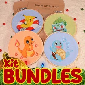 Pokémon Cross Stitch Kit – 4 Pack Kanto Starters Bundle, Beginner Friendly DIY Kits