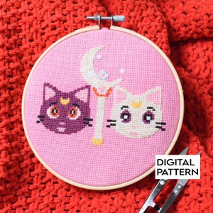 Sailor Moon Cross Stitch Pattern,  Sailor Moon Embroidery Design, Cat Cross Stitch Pattern for Instant Download