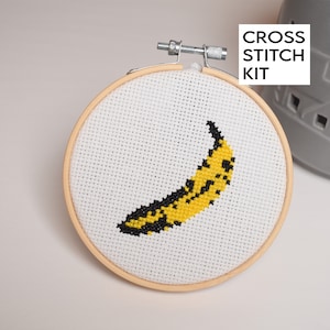 DIY Cross Stitch Kit for first time stitcher (4inch hoop included) Andy Warhol Banana, Beginner Friendly Kit,