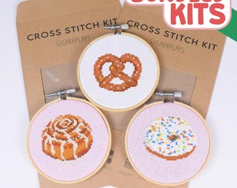 Pastry Food Counted Cross Stitch Set - Pretzel, Cinnamon Roll, Donut