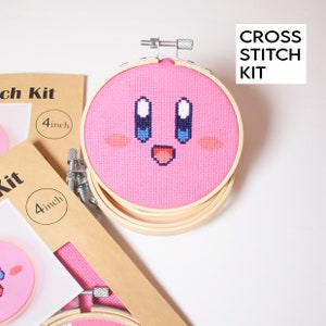 Kirby Cross Stitch Kit, Kirby Beginner Embroidery Kit, Kirby Gifts, Kirby Craft Kit, Pink Cute Kirby