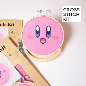 Kirby Cross Stitch Kit, Kirby Beginner Embroidery Kit, Kirby Gifts, Kirby Craft Kit, Pink Cute Kirby