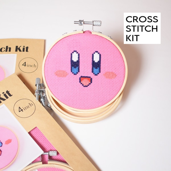 Kirby Cross Stitch Kit, Simple Kirby Beginner Embroidery Kit, Kirby Gifts, Kirby Craft Kit, Pink Cute Kirby face. kawaii cute gamer gifts,