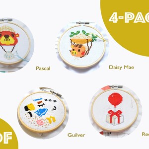 Peut inclure: Un lot de 4 patrons de point de croix au format PDF mettant en scène des personnages d'Animal Crossing. Les patrons incluent Pascal, Daisy Mae, Gulliver et un ballon rouge.