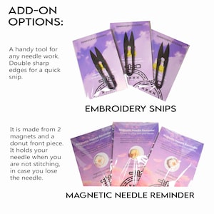 May include: Three pairs of black embroidery scissors with yellow accents on a purple background. The text "EMBROIDERY SCISSORS" is printed on each card. Three magnetic needle reminders with a donut design on a white background. The text "Magnetic Needle Reminder" is printed on each card.