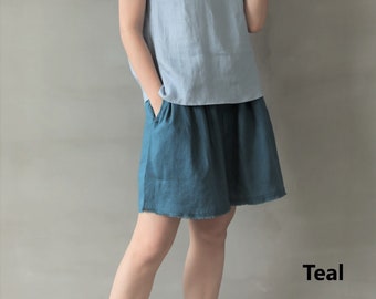 Linen Shorts women, ruffle hem shorts, Elastic waist women's shorts, linen hot pants, high waist linen shorts, relaxed fit linen shorts