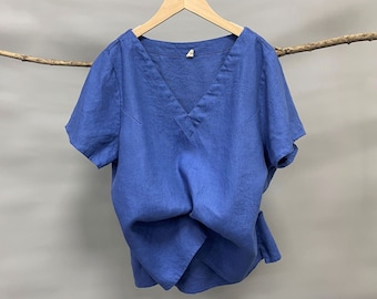 May include: A blue linen shirt with a V-neck and short sleeves. The shirt is hanging on a wooden hanger.