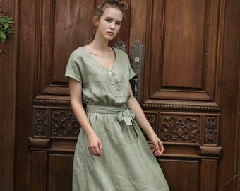 Linen dress  PROVENCE with front snap, Vintage Linen dress, Linen midi dress green, linen midi dress blue, midi dress white, Vintage Dress