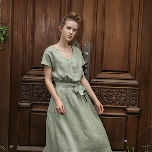 Linen dress  PROVENCE with front snap, Vintage Linen dress, Linen midi dress green, linen midi dress blue, midi dress white, Vintage Dress