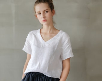 Classic Linen Tee Women, Women's short sleeve linen top, Short Sleeve linen Blouse, Linen Top Short Sleeves, V neck Linen Top short sleeves