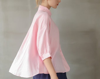 Linen Swing Shirt/Peter Pan Collar Linen Blouse/Quarter sleeve Linen blouse /A shape Linen Blouse/Puffy Sleeve Linen Blouse/High-low blouse