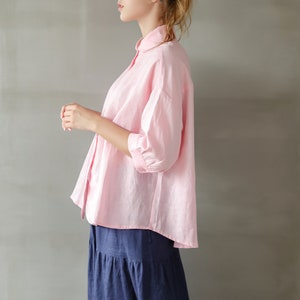 Linen Swing Shirt/Peter Pan Collar Linen Blouse/Quarter sleeve Linen blouse /A shape Linen Blouse/Puffy Sleeve Linen Blouse/High-low blouse image 2