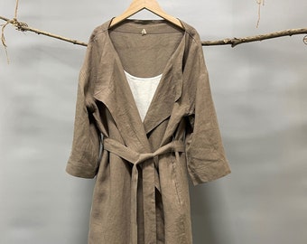 Loose Wrap Linen Jacket/Causal Jacket Women/Linen Midi Duster/Beach Wrap/Linen midi cardigan/oversized Linen jacket women/Spring Coat